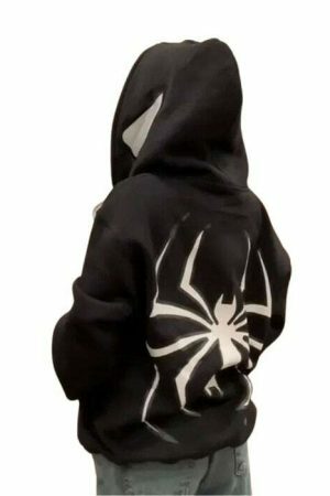 Y2K Spider Print Hip Hop Zip Up Hoodie Goth Harajuku Oversized Sweatshirt