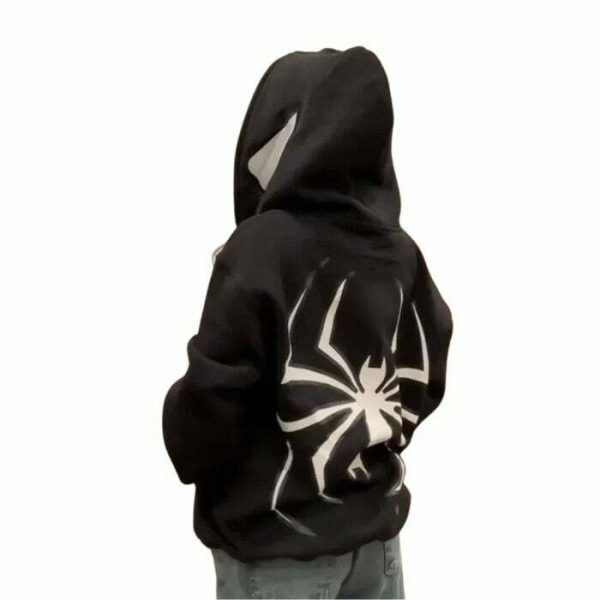 Y2K Spider Print Hip Hop Zip Up Hoodie Goth Harajuku Oversized Sweatshirt