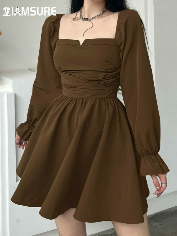 Y2K Square Collar Mini Dress with Puff Sleeves