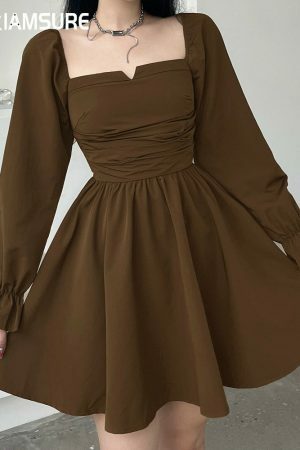 Y2K Square Collar Mini Dress with Puff Sleeves