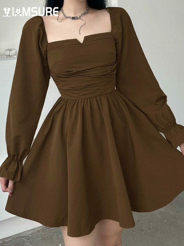 Y2K Square Collar Mini Dress with Puff Sleeves