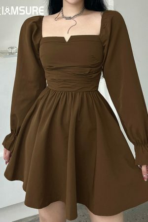 Y2K Square Collar Mini Dress with Puff Sleeves