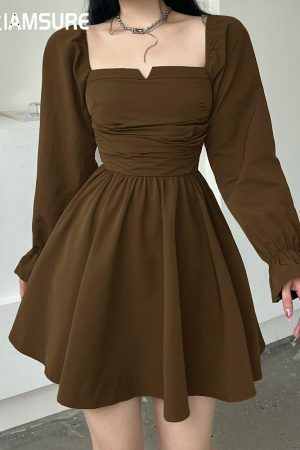 Y2K Square Collar Mini Dress with Puff Sleeves