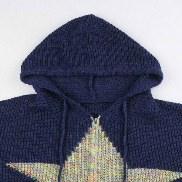 Y2K Star Drawstring Hooded Knitted Cardigan - Women's Long Sleeve Streetwear Sweater