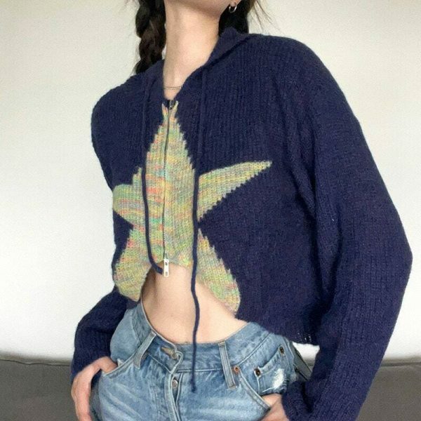 Y2K Star Drawstring Hooded Knitted Cardigan - Women's Long Sleeve Streetwear Sweater