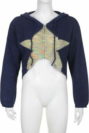 Y2K Star Drawstring Hooded Knitted Cardigan - Women's Long Sleeve Streetwear Sweater