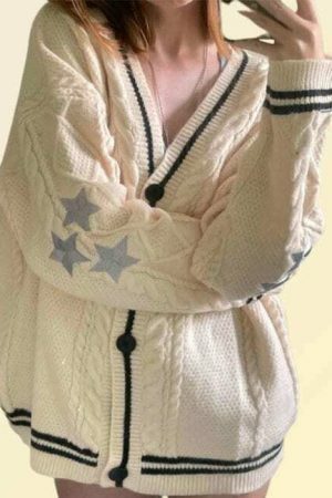 Y2K Star Embroidery Oversized Knitted Cardigan