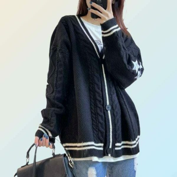 Y2K Star Embroidery Oversized Knitted Cardigan