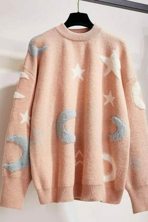 Y2K Star Moon Knit Sweater: Harajuku Streetwear Fashion