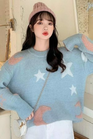 Y2K Star Moon Knit Sweater: Harajuku Streetwear Fashion