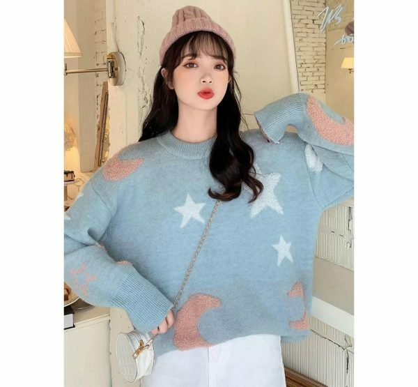 Y2K Star Moon Knit Sweater: Harajuku Streetwear Fashion