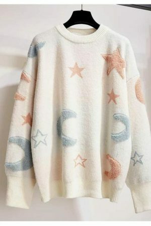 Y2K Star Moon Knit Sweater: Harajuku Streetwear Fashion