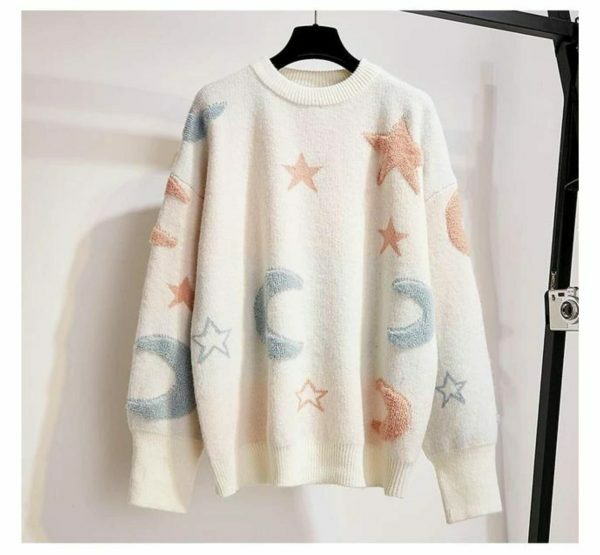 Y2K Star Moon Knit Sweater: Harajuku Streetwear Fashion