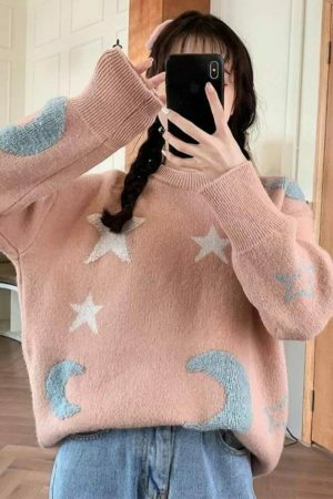 Y2K Star Moon Knit Sweater: Harajuku Streetwear Fashion