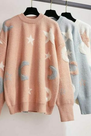 Y2K Star Moon Knit Sweater: Harajuku Streetwear Fashion