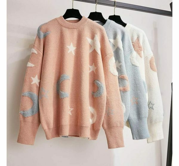 Y2K Star Moon Knit Sweater: Harajuku Streetwear Fashion