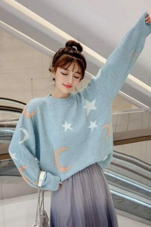 Y2K Star Moon Knit Sweater: Harajuku Streetwear Fashion