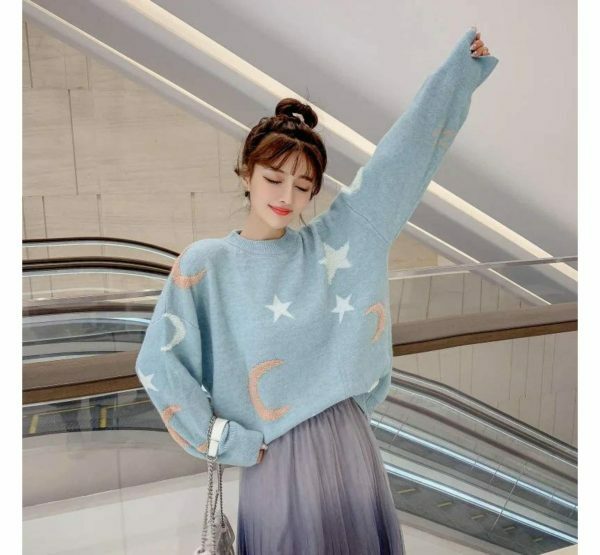 Y2K Star Moon Knit Sweater: Harajuku Streetwear Fashion