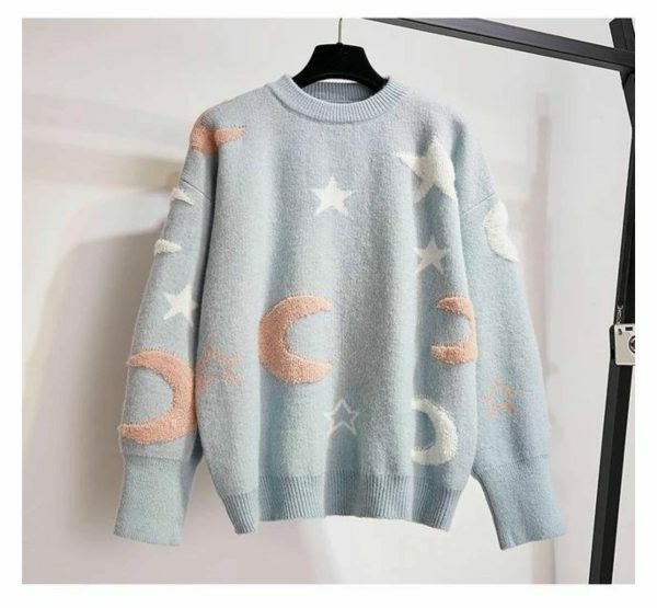 Y2K Star Moon Knit Sweater: Harajuku Streetwear Fashion