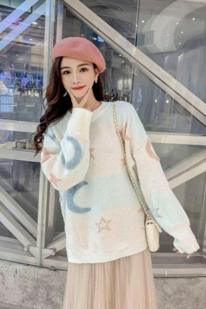 Y2K Star Moon Knit Sweater: Harajuku Streetwear Fashion