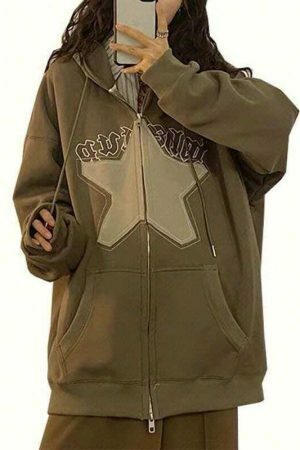 Y2K Star Print Hoodie: Oversized Zipper Streetwear Sweatshirt