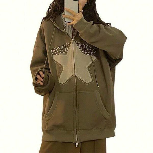 Y2K Star Print Hoodie: Oversized Zipper Streetwear Sweatshirt