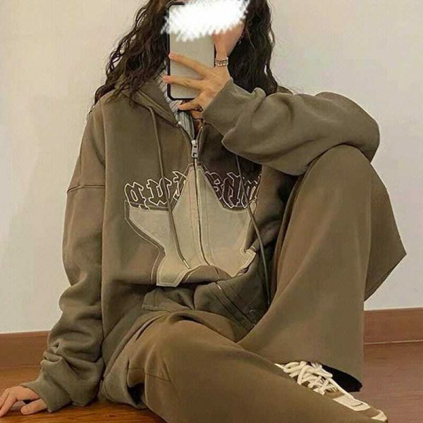 Y2K Star Print Hoodie: Oversized Zipper Streetwear Sweatshirt