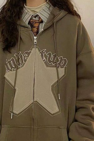 Y2K Star Print Hoodie: Oversized Zipper Streetwear Sweatshirt