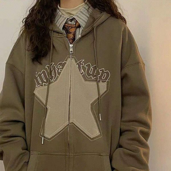 Y2K Star Print Hoodie: Oversized Zipper Streetwear Sweatshirt