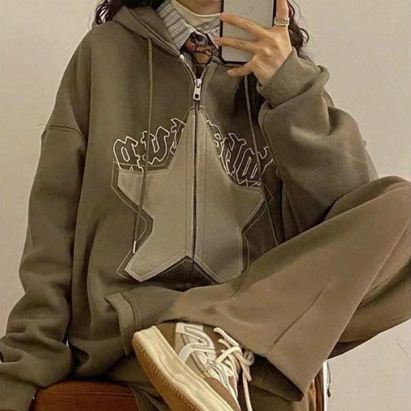 Y2K Star Print Hoodie: Oversized Zipper Streetwear Sweatshirt