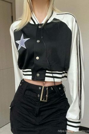 Y2K Star Print Patchwork Black Jacket for Women