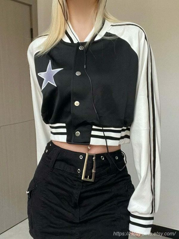 Y2K Star Print Patchwork Black Jacket for Women