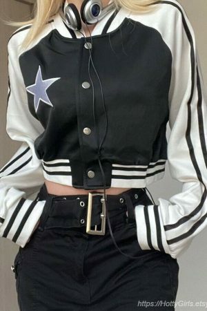 Y2K Star Print Patchwork Black Jacket for Women