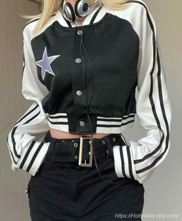 Y2K Star Print Patchwork Black Jacket for Women