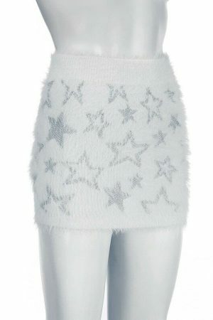 Y2K Star Print Plush Knit Mini Skirt - Women's Streetwear Aesthetic