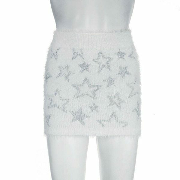 Y2K Star Print Plush Knit Mini Skirt - Women's Streetwear Aesthetic