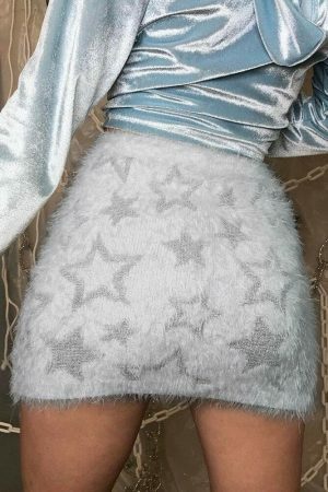 Y2K Star Print Plush Knit Mini Skirt - Women's Streetwear Aesthetic