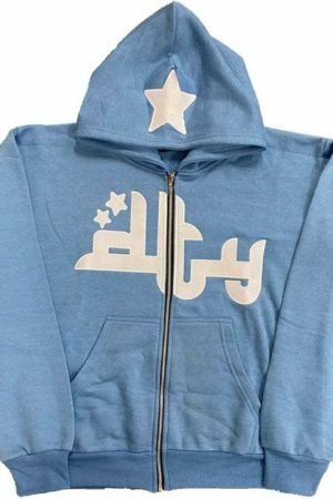 Y2K Star Print Zip-Up Hoodie, Long Sleeves Loose Fit, Streetwear Aesthetics