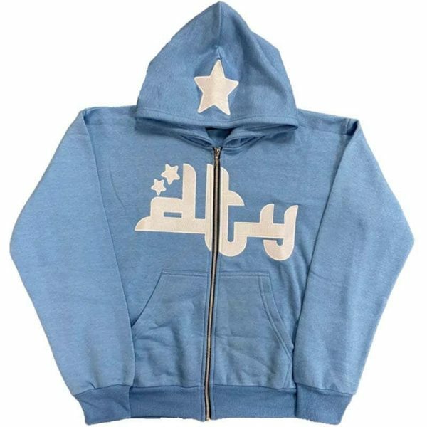 Y2K Star Print Zip-Up Hoodie, Long Sleeves Loose Fit, Streetwear Aesthetics