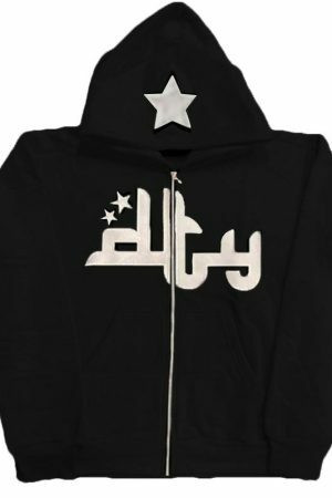 Y2K Star Print Zip-Up Hoodie, Long Sleeves Loose Fit, Streetwear Aesthetics