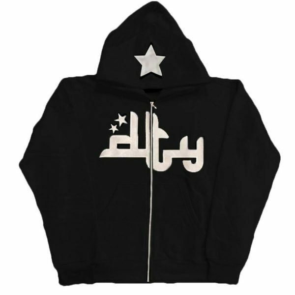 Y2K Star Print Zip-Up Hoodie, Long Sleeves Loose Fit, Streetwear Aesthetics