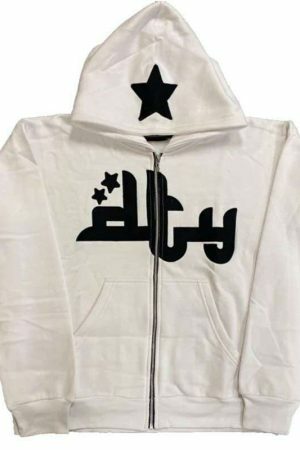 Y2K Star Print Zip-Up Hoodie, Long Sleeves Loose Fit, Streetwear Aesthetics