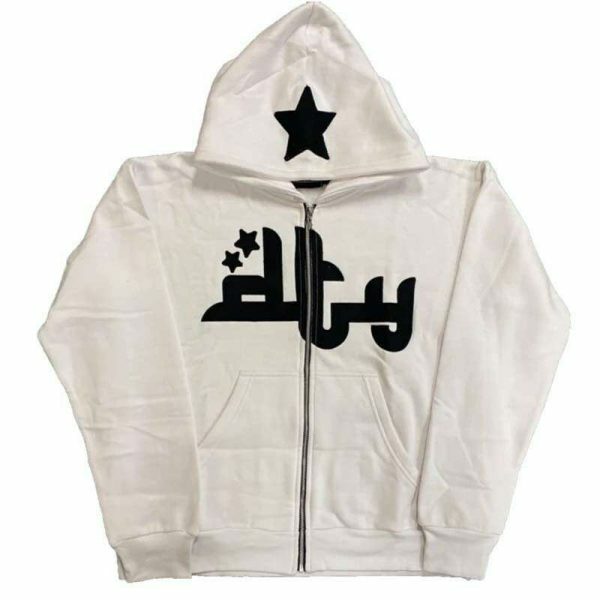 Y2K Star Print Zip-Up Hoodie, Long Sleeves Loose Fit, Streetwear Aesthetics