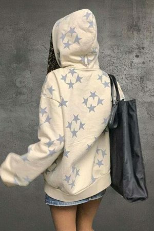 Y2K Star Print Zip-Up Hoodie Vintage Sweatshirt Streetwear