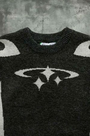 Y2K Stars Print Oversized Vintage Sweatshirt Harajuku Embroidered Warm Sweater