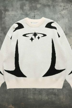 Y2K Stars Print Oversized Vintage Sweatshirt Harajuku Embroidered Warm Sweater