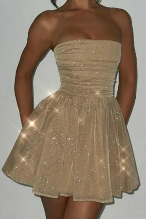 Y2K Strapless Sequin Mini Dress with Bow and Mesh