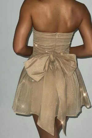 Y2K Strapless Sequin Mini Dress with Bow and Mesh