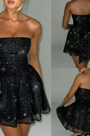 Y2K Strapless Sequin Mini Dress with Bow and Mesh