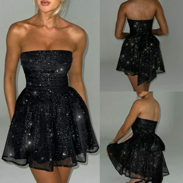 Y2K Strapless Sequin Mini Dress with Bow and Mesh